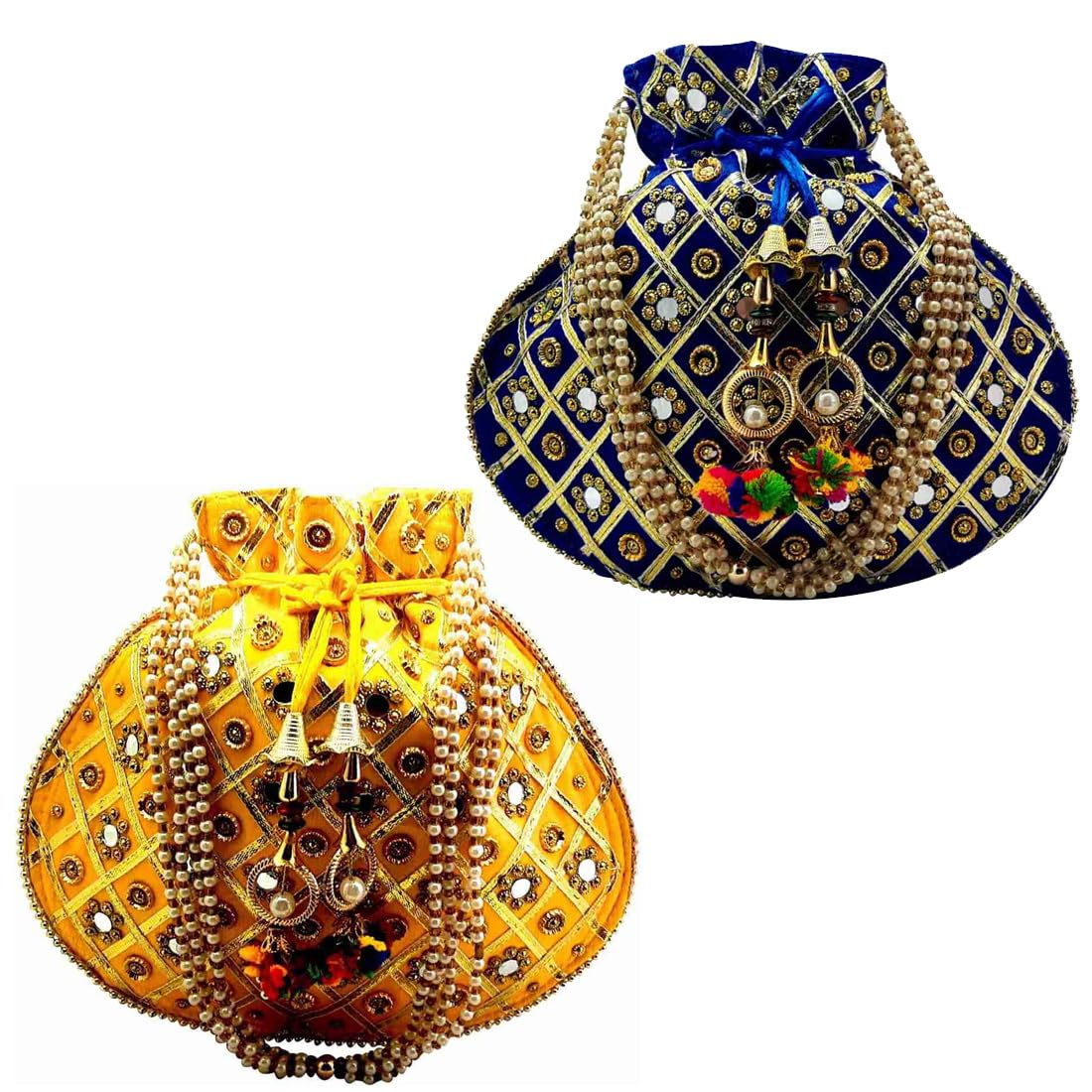 Designer Embellished Potli Bag Set – Mirror Work, Beads & Tassels | Silk Wedding Gift Potli for Women & Girls | Multi-Color Ethnic Bridal Potli-image-8