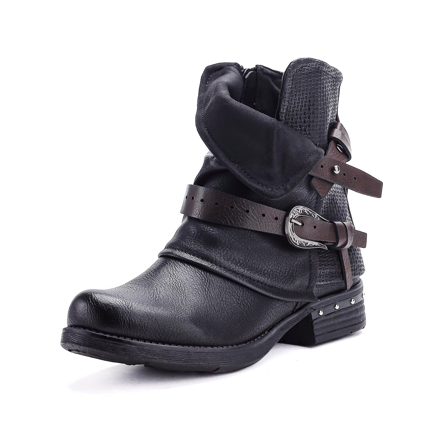 Pogolino 2520 - Stivaletti da donna con borchie, con cerniera, piatti, comodi