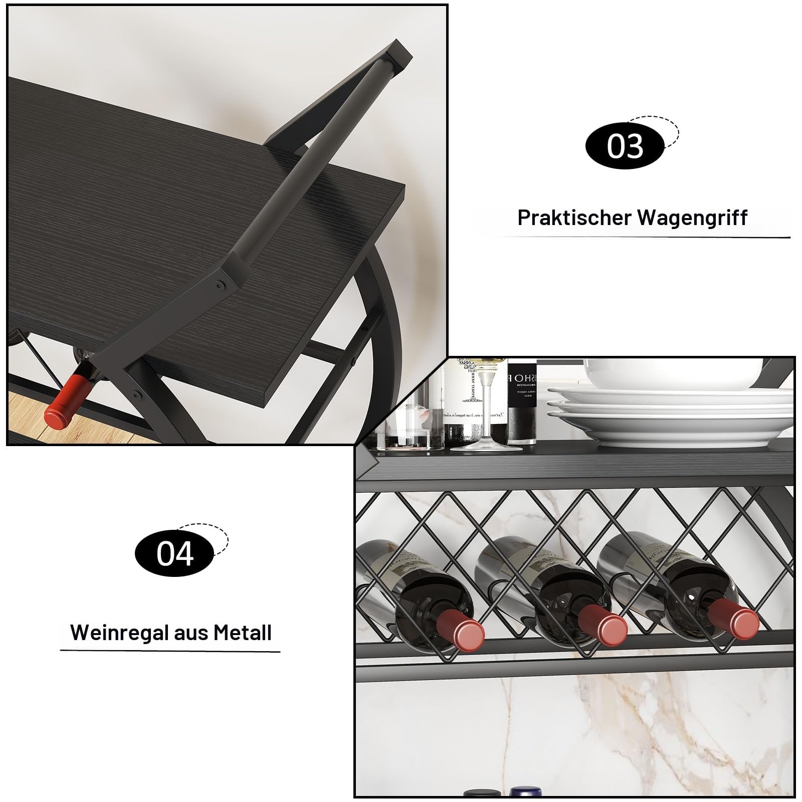 LVB Servierwagen mit Rollen, Barwagen mit Weinregal, Küchenwagen mit 2 Ebenen, Weinwagen, Getränkewagen für Küche, Esszimmer, Bar, Wohnzimmer, 76B x 40.5T x 84H cm, Schwarz