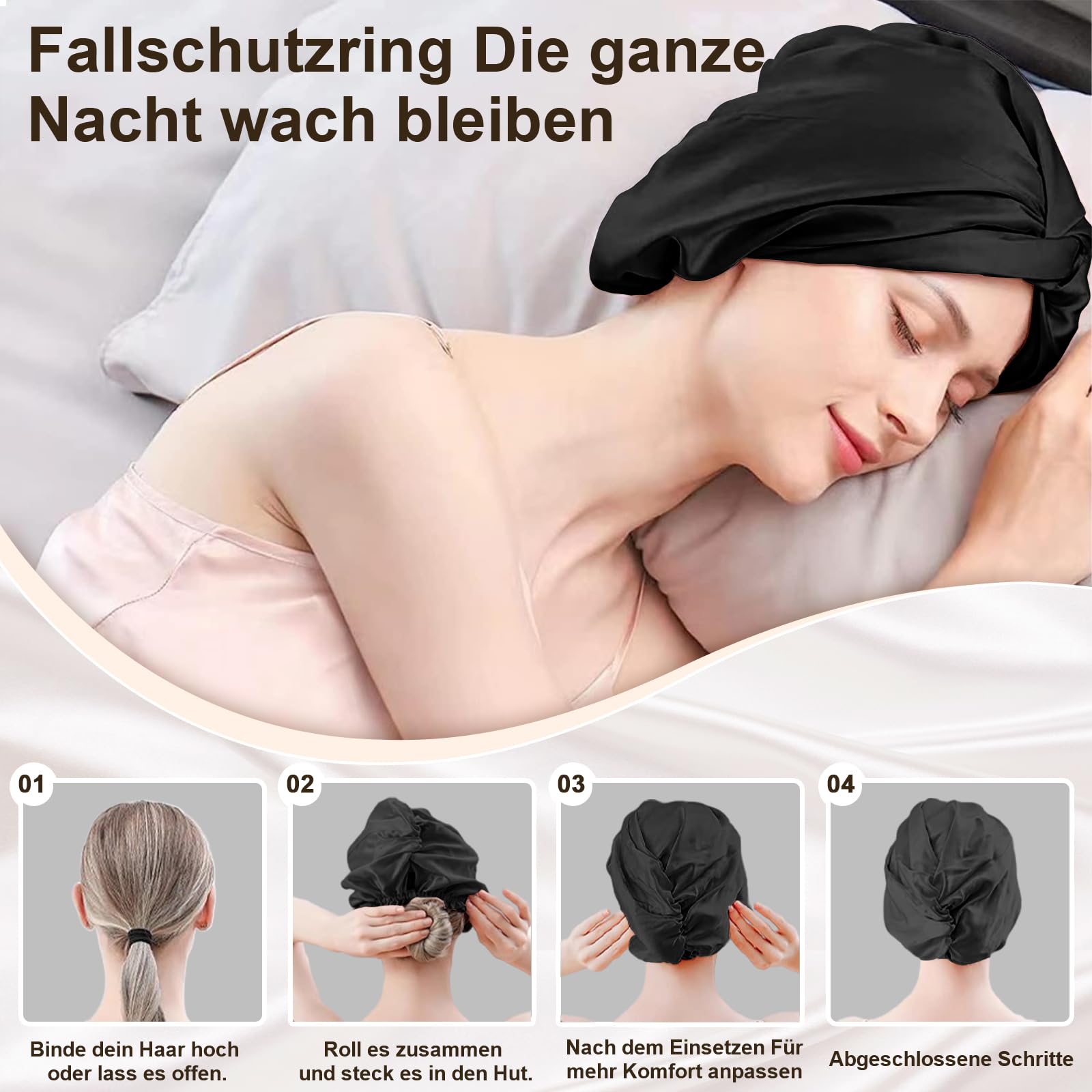 Seidenhaube zum Schlafen für gesunde Haare & lange Haare | Schlafhaube Seide verhindert Frizz, Haarbruch & Spliss | Silk Bonnet für Damen mit Locken & Haarhaube für die Nacht (Schwarz) - 5