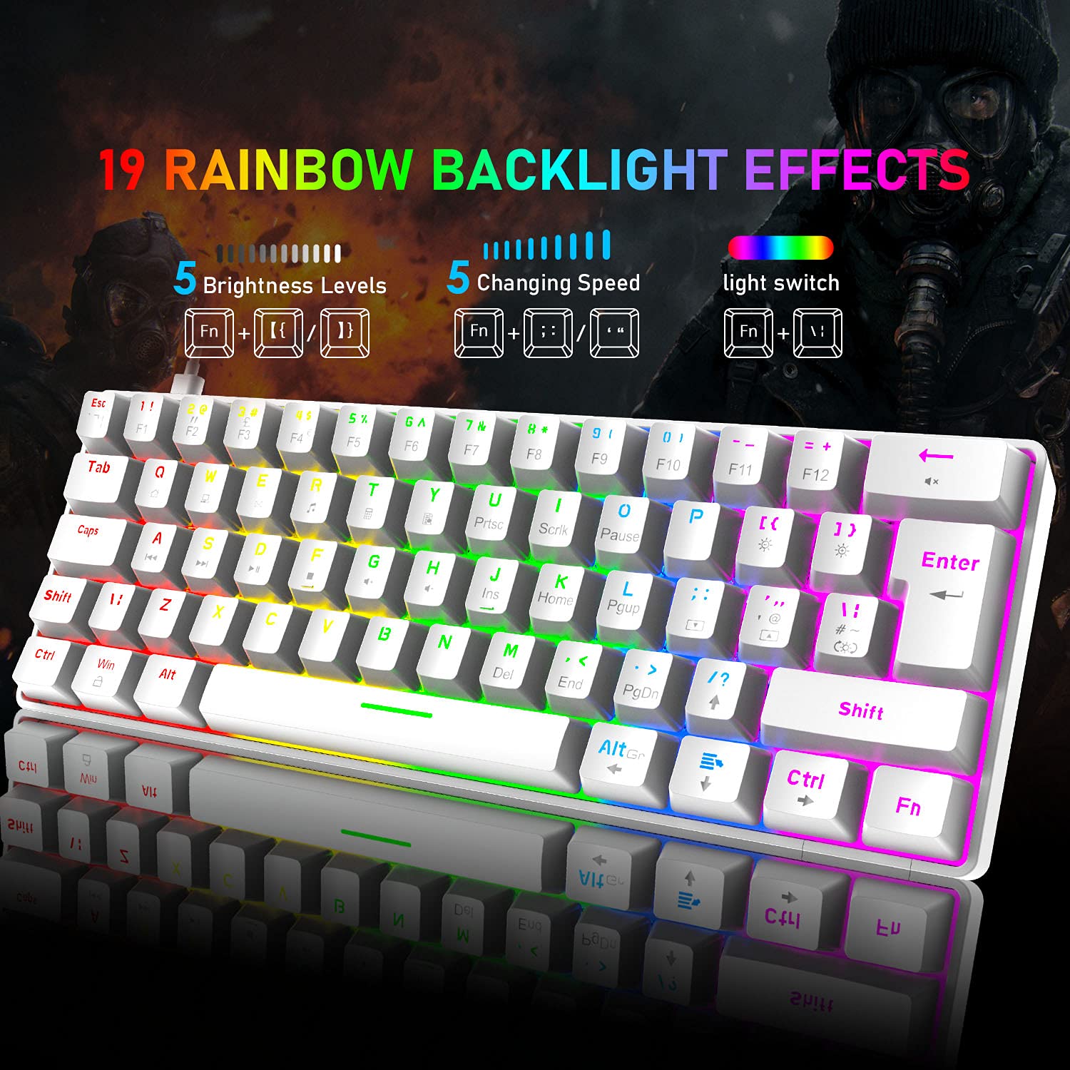 T60 Juego de Teclado y Mouse Con Cable, Teclado Mecánico 60% Compacto 62 Teclas, 19 Luces LED Arcoíris, UK Layout + Ratón para Juegos PS4 de 6400 DPI + Mouse Pad para PC, Mac - Interruptor Rojo/Blanca