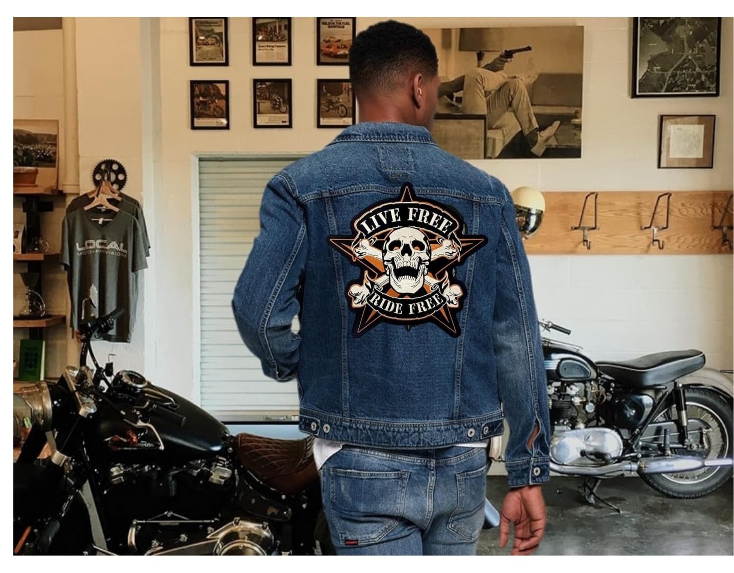 2 Aufnäher Totenkopf auf Stern "Live Free Ride Free" für Motorradjacke und Weste