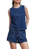 Summer Denim Set for Women 2 piece Casual Sleeveless Boxy Shirt Tops and Shorts Pants Lounge Sets Outfits