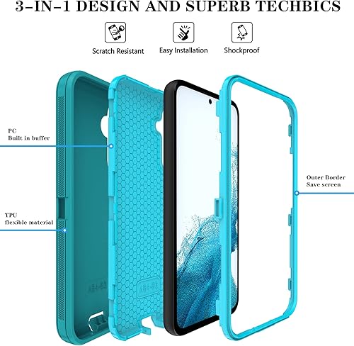 Miniatura 3 de Qinmay Funda para Galaxy A54 5G, a prueba de golpes, resistente, de 3 capas, con 2 protectores de pantalla HD (azul lago azul cielo)