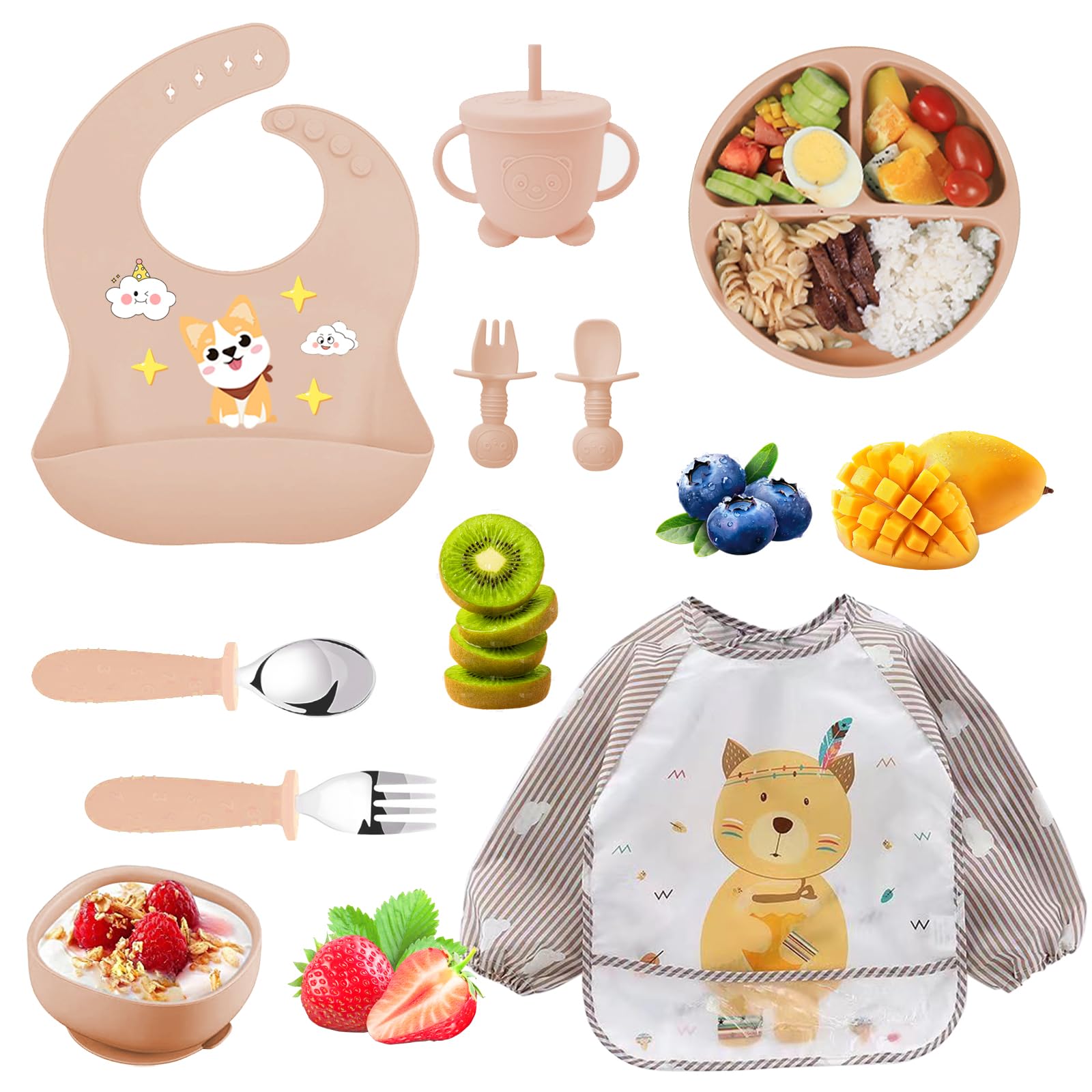 Bol ventouse silicone et tablier manches longues pour repas de bébé sans tache