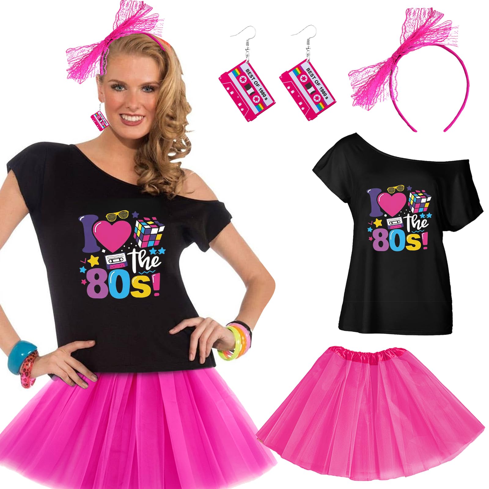 DAVBNM 80s Costume Outfits Accessories Set for Women, T-shirt Tutu Skirt Earrings Lace Headband Neon Costumes Accessories for Retro Theme Party Cosplay