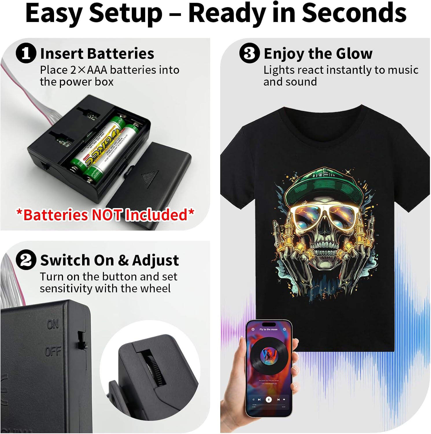 Sound Activated LED T-Shirt, Glow in The Dark Light Up Shirt for Men, Neon Shirt for Rave, Glow Party, Concert, Halloween