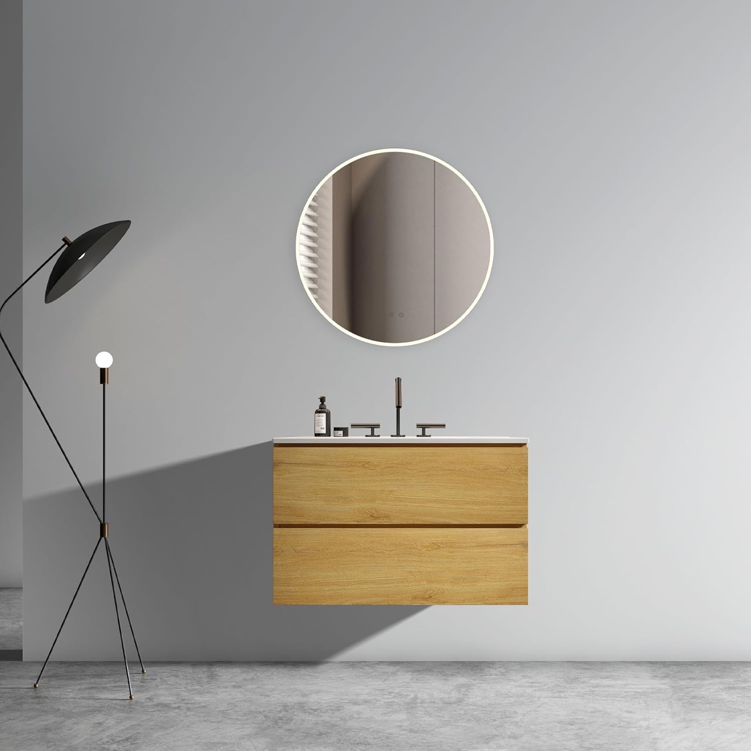 Floating Wall Mounted Bathroom Vanity with Integrated Overflow Sink Basin - Solid Natural Oak Minimalist Design 36" High-Gloss Finish for Modern Bathrooms (Natural Oak, 36IN)