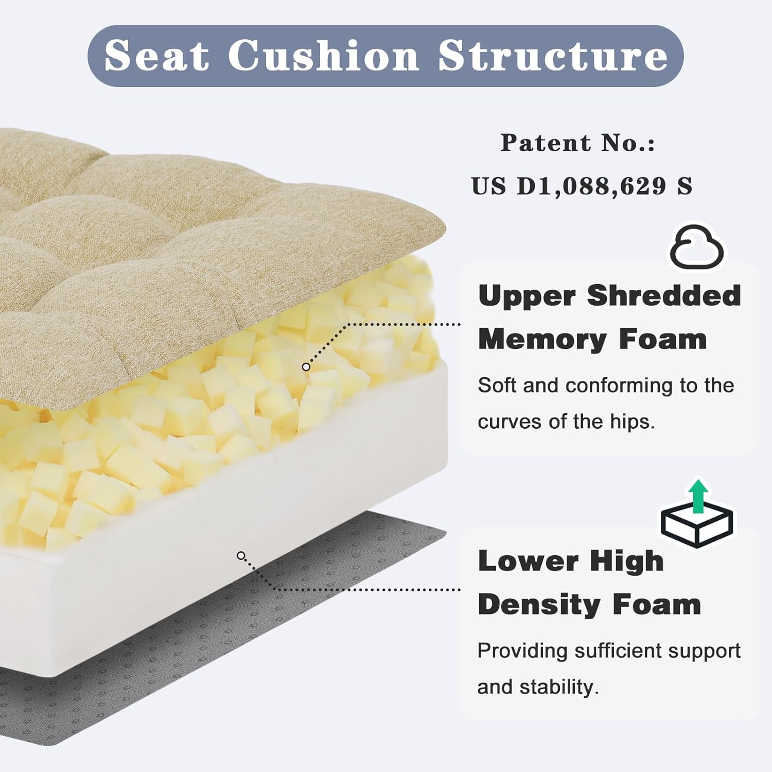 baibu Extra Large Memory Foam Recliner Cushions for Elderly, 20x20x5 Inch Thick Dual-Layer Patent Design Non-Slip Recliner Seat Cushion for Couch for Easy to Stand Up & Reduce Hip & Lumbar Pain, Beige - Image 5