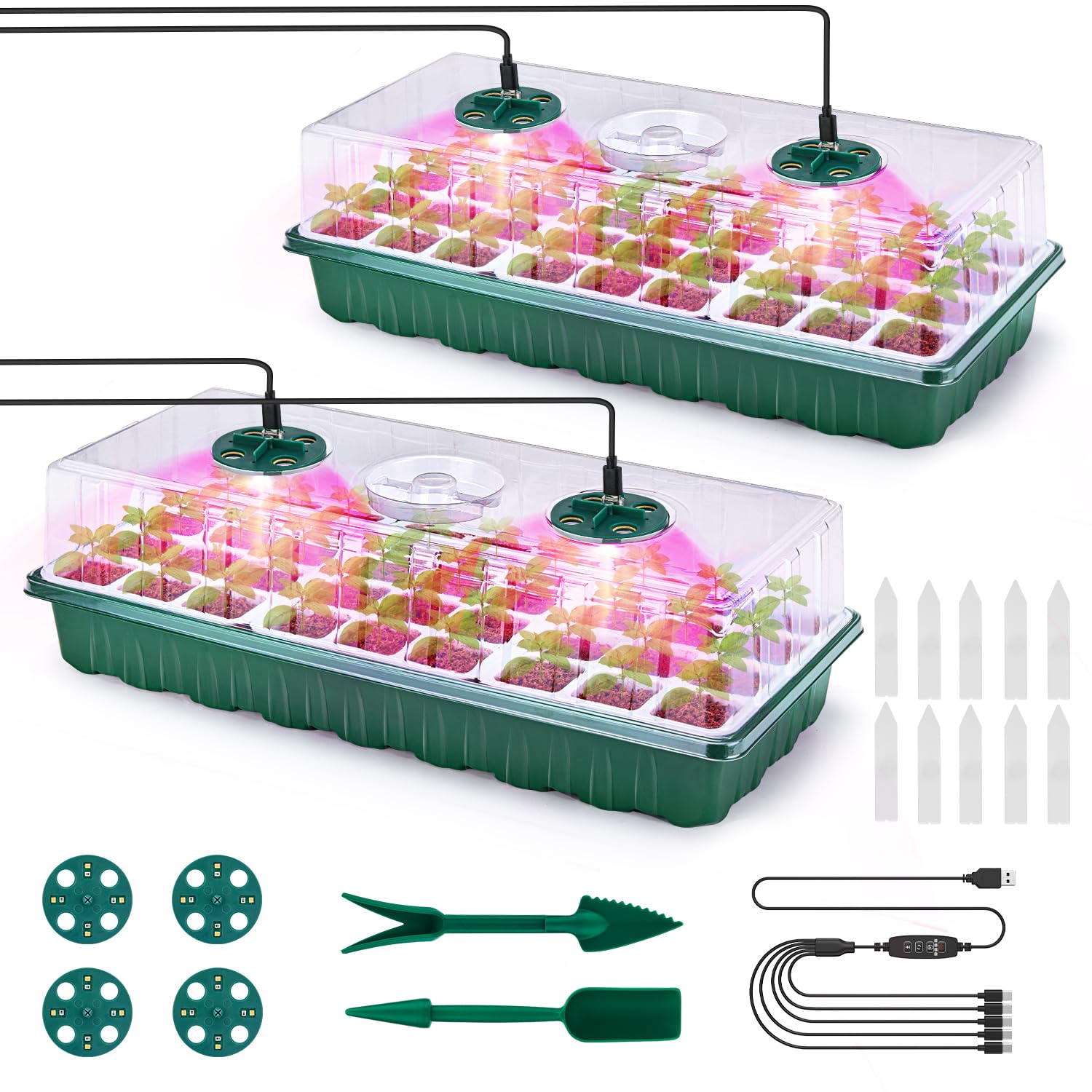 2 Packs Seed Starter Tray with Grow Lights, 72 Cells Silicone Seed Starter Kits with Humidity Dome, 3 Lights for Seed Starting, 4 Timing Set, 8 Full Spectrum Germination Kit for Plant Seeds