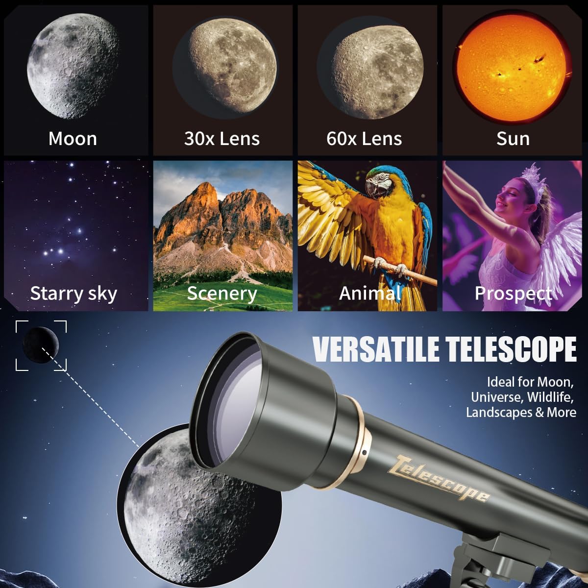 Telescope for Kids& Adults with 60X/30X Lenses, Adjustable Alloy Tripod, Mobile Phone Holder, 360° Gimbal Mount for Stargazing and Nature Viewing,Suitable for Astronomy Enthusiasts