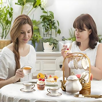 14 Pcs Vintage Porcelain Tea Set with Metal Holder with Metal Holder Gold Plated Saucer European Ceramic Tea Set, Gold Flower Cup for Women,Serving 6 People (Delicate Style) (Classic)