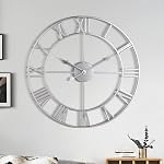 Large Wall Clock, Metal Retro Roman Numeral, Modern Round Silent Wall Clocks, Easy to Read for Living Room/Home/Kitchen/Bedroom/Office/School Decor (Silver, 16 Inch)