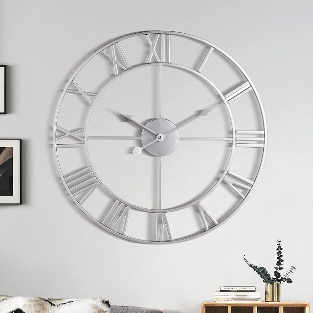 Large Wall Clock, Metal Retro Roman Numeral, Modern Round Silent Wall Clocks, Easy to Read for Living Room/Home/Kitchen/Bedroom/Office/School Decor (Silver, 16 Inch)
