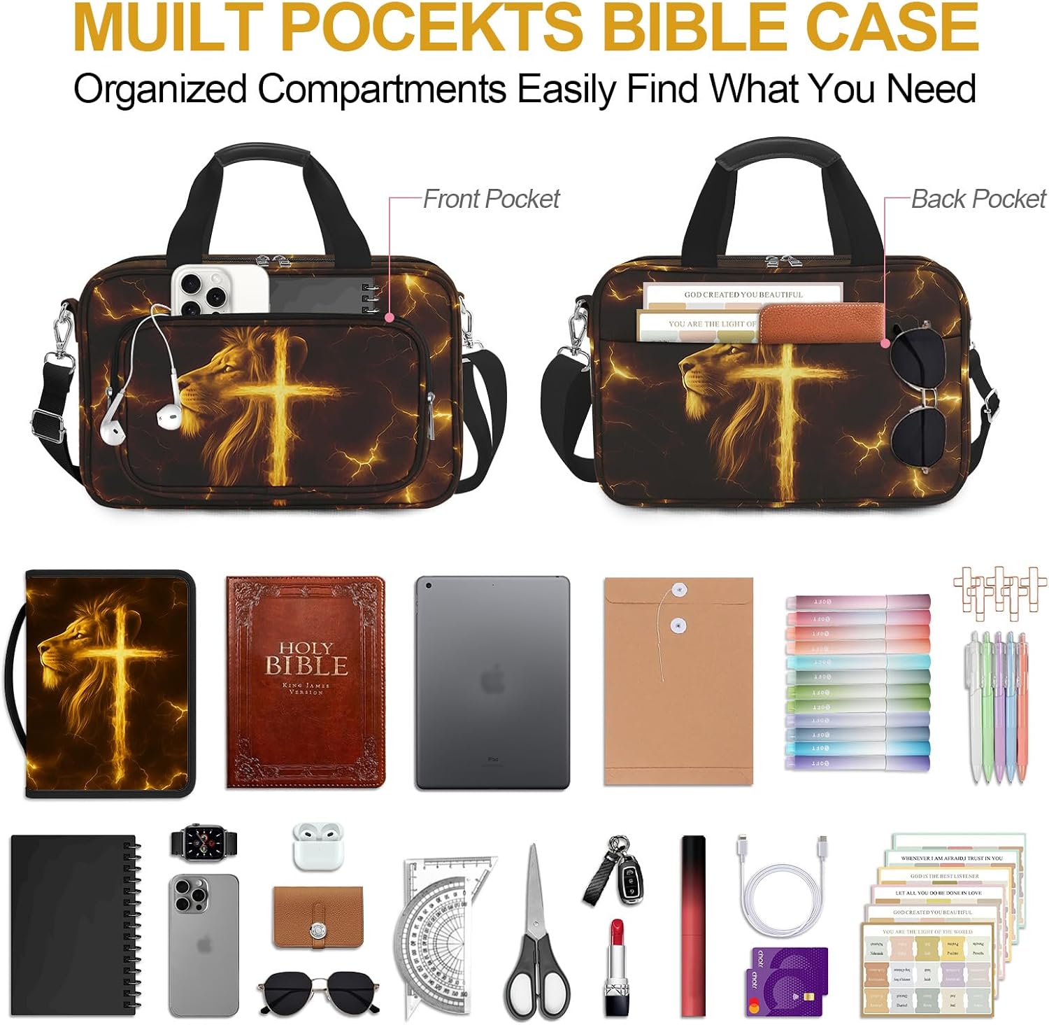 Lion Cross Bible Cover Case for Boys Kids, Large Men Bible Carrying Book Case Church Bag with Handle Zipper Pocket, Bible Study Supplies Journaling Kit, Highlighters Tabs Pens Cross Clips