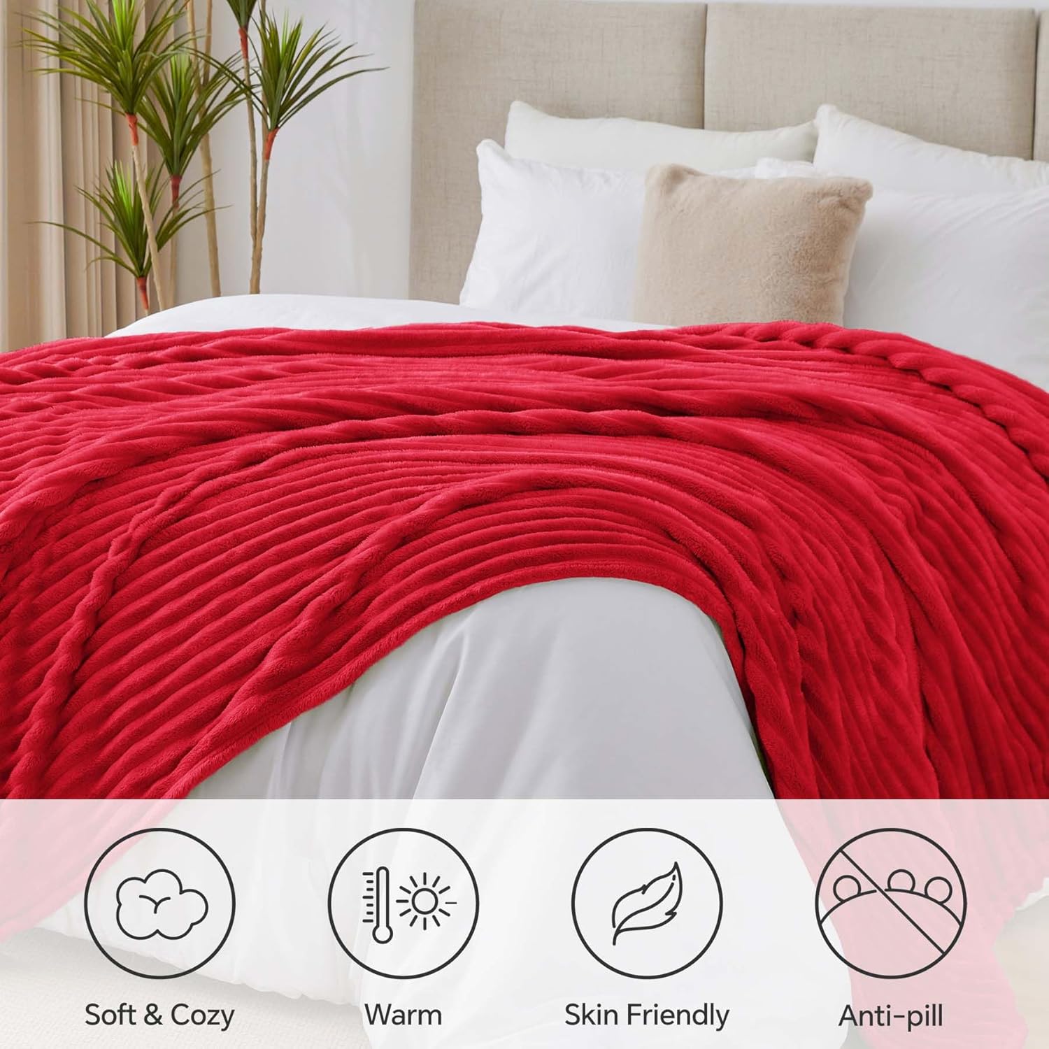 BEDELITE King Size Blanket for Bed, 300GSM Soft & Warm Fleece Blanket, Decorative and Giftable Striped Red Blankets for Women, Men, 108"x90" - Image 2