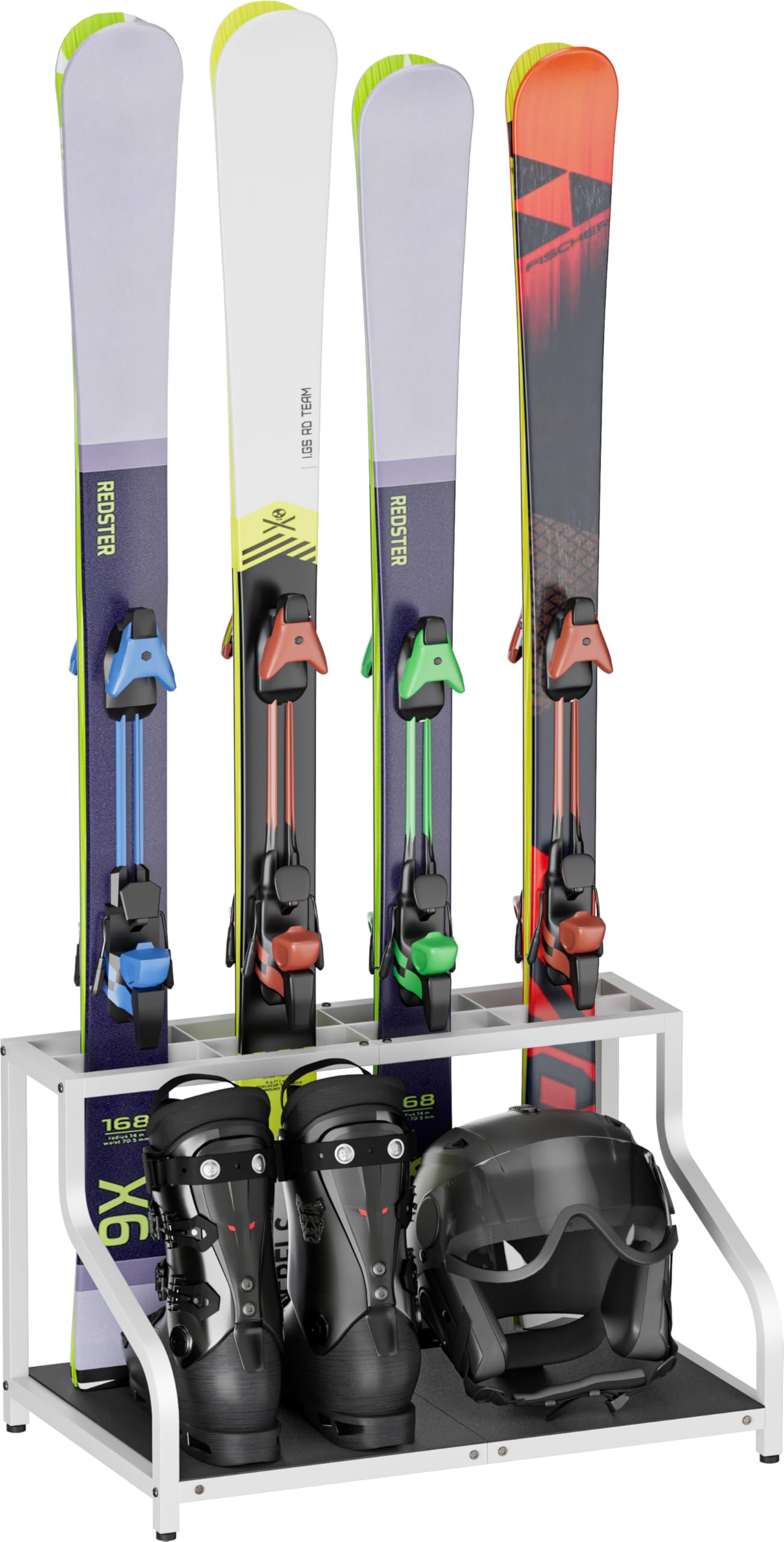 Mondazie Estante de almacenamiento de esquí para garaje, soporte de esquí independiente para 4 pares de esquís, botas, casco, gafas, soporte organizador de snowboard interior para el hogar, cobertizo