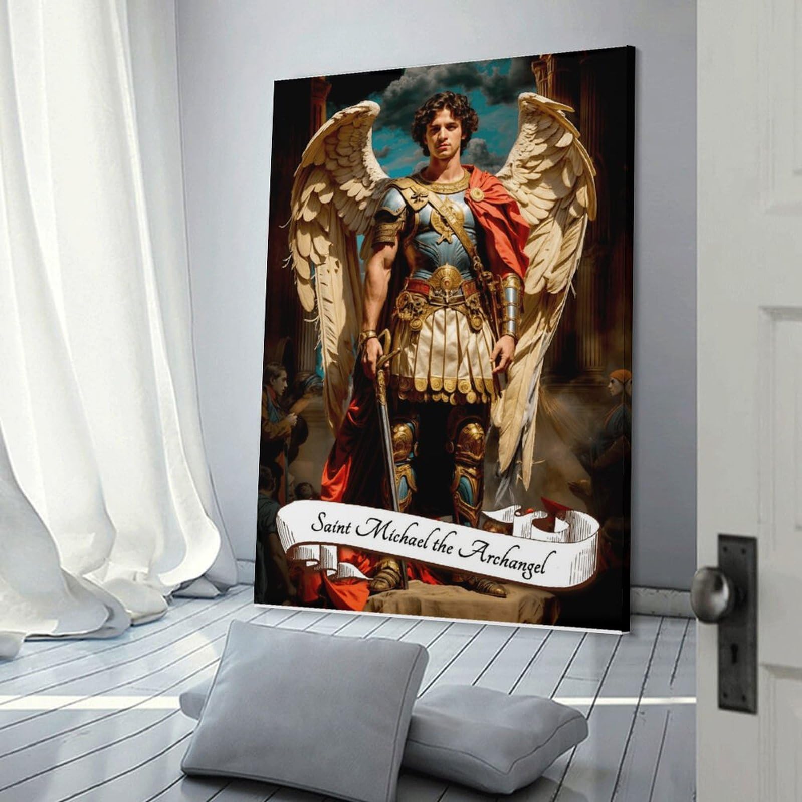 Junmoney Frame-Style-4 Saint Michael Archangel Statue Room Decor Wall Art 16X24inch(40X60cm), For Lounge Decor, Offices Or Entryway Styling, A Flexible Wall Accent For Shared Spaces