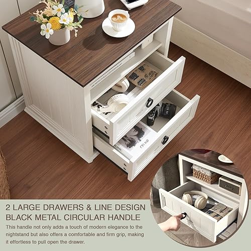 Miniatura 5 de Mesita de noche de granja con estación de carga, mesa auxiliar grande de 22 pulgadas con 2 cajones y estante abierto, mesita de noche cuadrada de