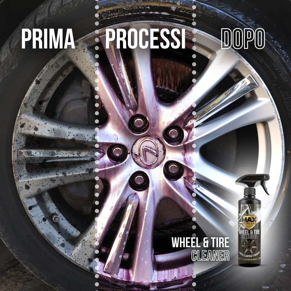 MAX DETAIL-LAB - Wheel & Tire - Pulizia Cherchi Auto Iron Remover Senza Acidi, Decontaminante Tripla Azione Senza Sfregamento, Adatto per Cerchi in Lega e Moto, Pulitore Lavaggio Detailing Car, 5L