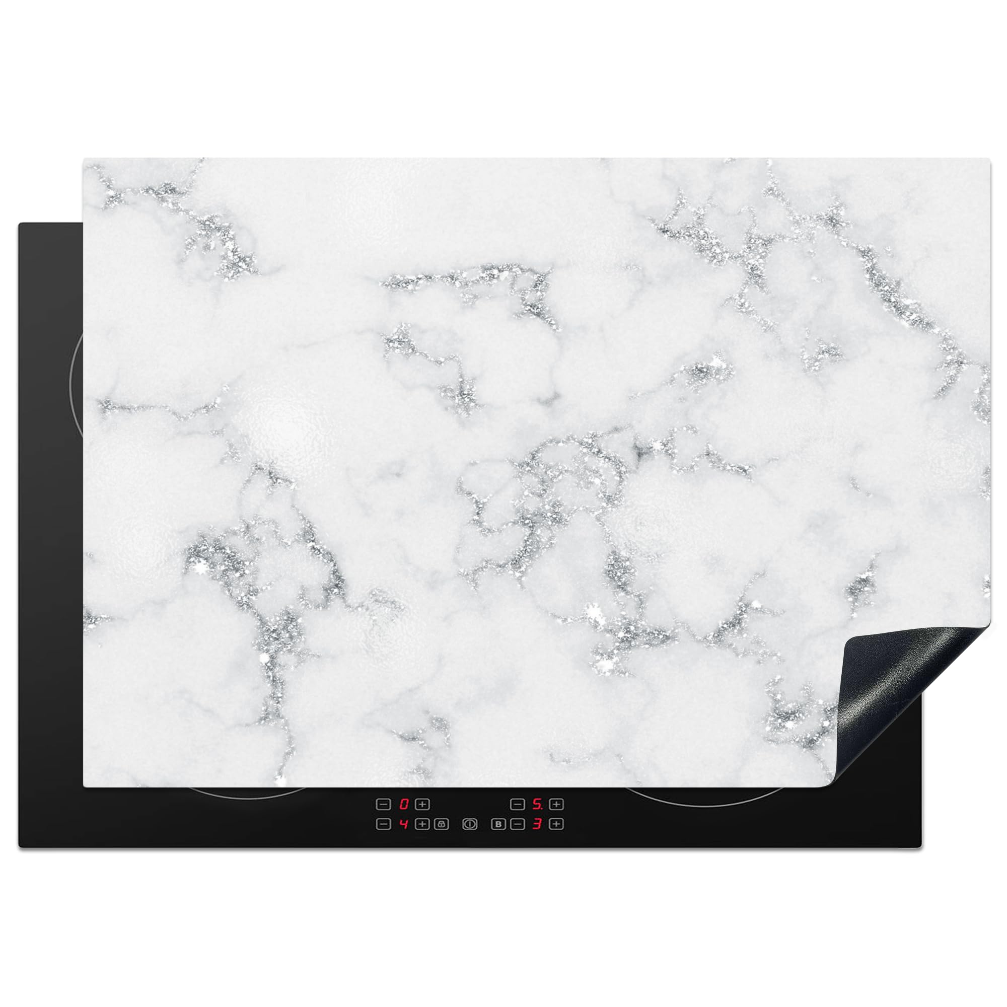 KitchenYeah© Induction Hob Protector Mat 20.5"x29.5" / 75x52 cm Cooker Top Protectors Cover Ceramic Covers Electric Hobs Vinyl Marble - White - Silver - Glitter - Marble Look - Chic