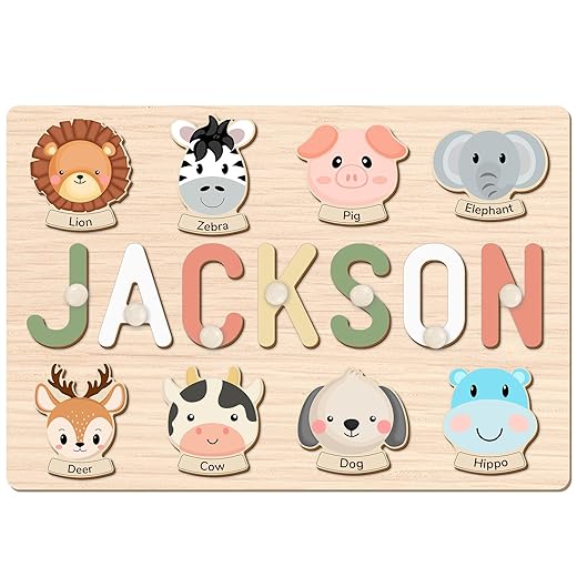 Personalized Name Puzzle for Kids, Personalized Baby Gifts Custom Name Puzzles for Toddlers 1-3 Animal Puzzle, Customized 1st Birthday for Girls & Boys Wooden Puzzle Montessor Toys for Kids