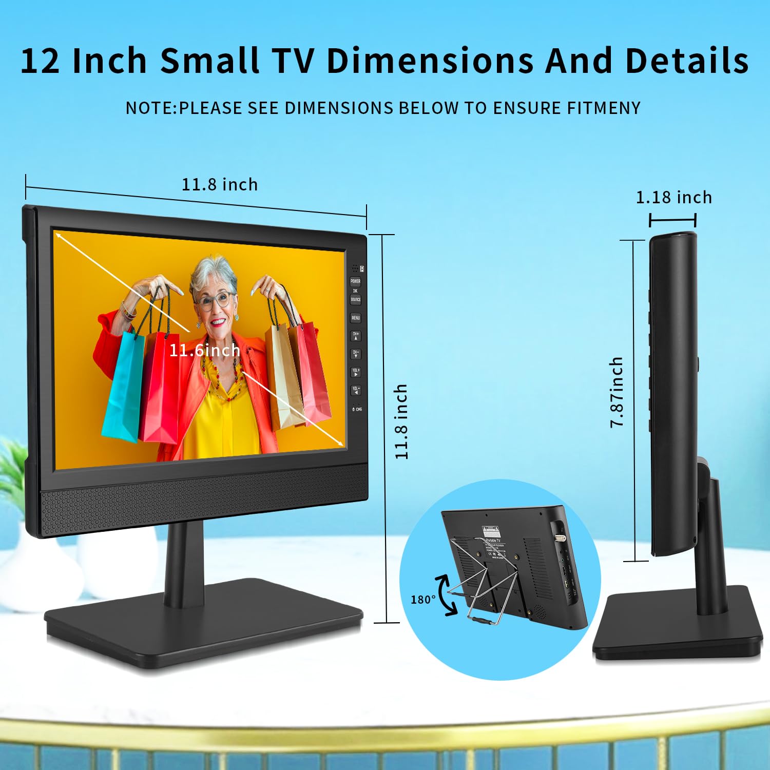 ZOSHING Mini TV Portable,12Pouces FHD -1080P écran,Tuner-T2,HDMI,USB/in,Chargeur de Voiture 12V pour Les Pays Européens