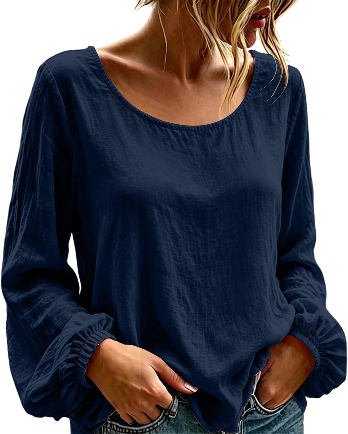 Womens Linen Top Casual Crew Neck Long Sleeve Gauze T Shirts Vintage Loose Fit Fashion Peasant Blouses