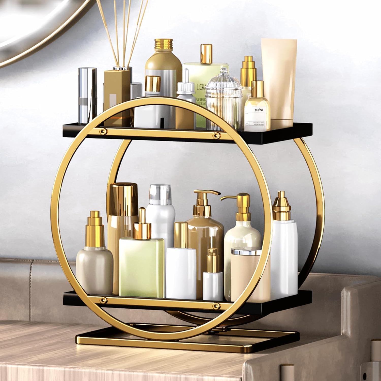 HOME CUBE 2 Tier Metal Bathroom Cosmetic Storage Organizer Vanity Organizer Makeup Organizer Countertop Cosmetic Organizer, Bottle Soap Facewash Toiletories Dressing Table, Cosmetics, Gold,Black (B0D1K1DF62) Amazon Price History, Amazon Price Tracker
