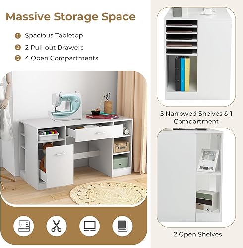 Miniatura 4 de COSTWAY Mesa de manualidades de costura de 53 pulgadas, gabinete de máquina de coser con cajones y estantes de almacenamiento abiertos, estación de
