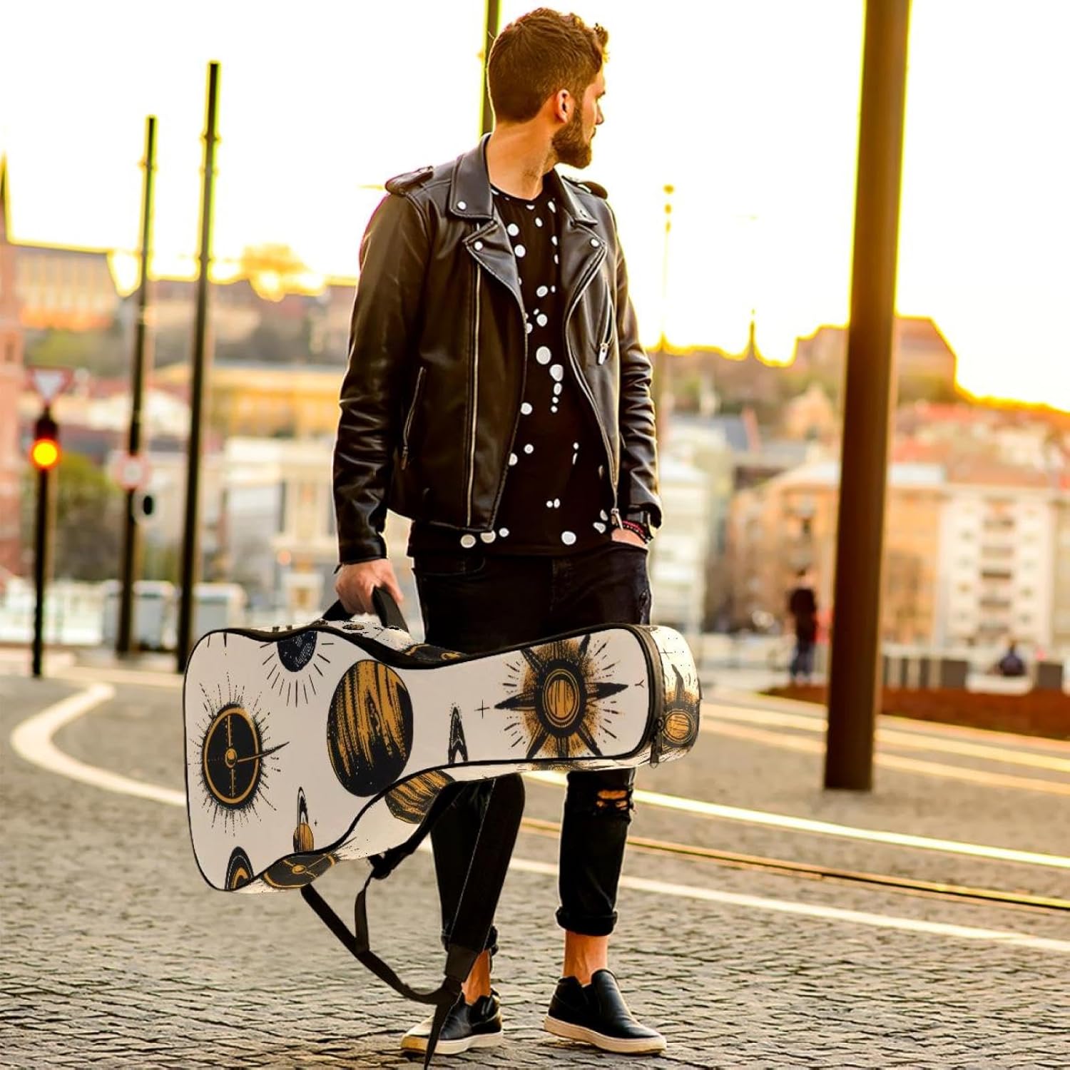 Acoustic Guitar Gig Bag 1 cm Thick Padding, Waterproof Electric Guitar Bag 40-42 Inch Guitar Case Backpack with Dual Shoulder Strap, Planets Symbols