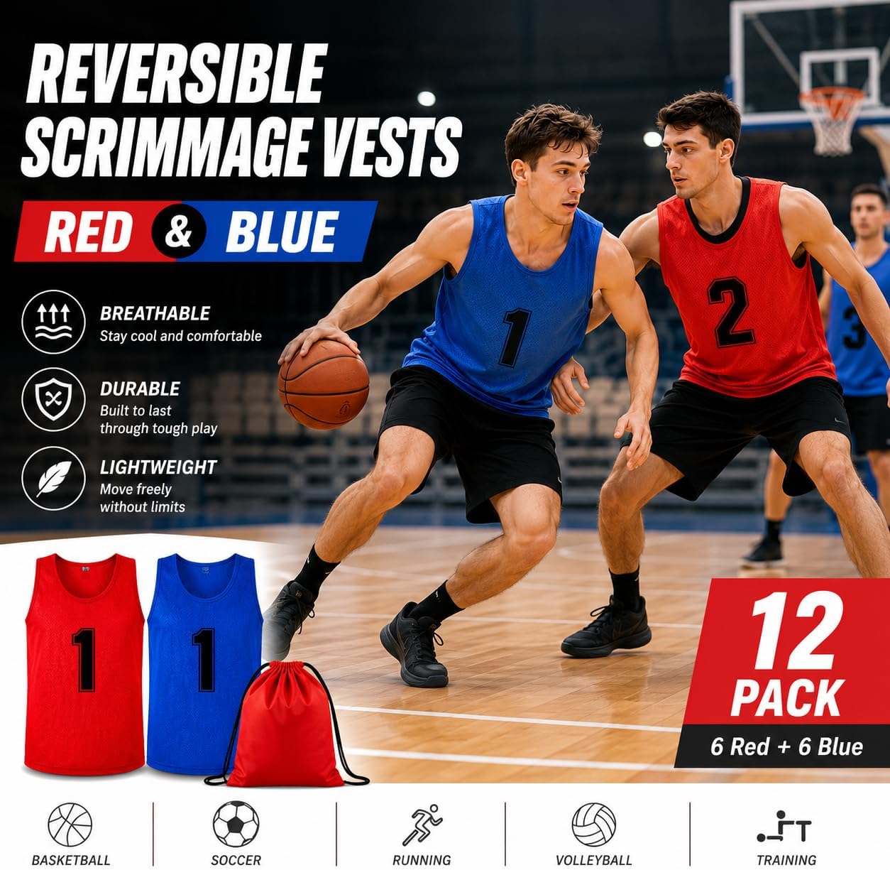12 Packs Numbered Sports Pinnies,Quick-Dry Soccer Basketball Scrimmage Vests,Youth Adults Unisex Team,Group Games