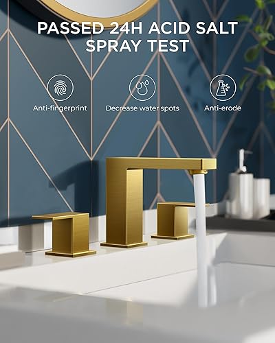 Miniatura 2 de FORIOUS Grifo de baño dorado generalizado de 8 pulgadas, cuadrado de 2 manijas de oro cepillado, 3 agujeros con drenaje de metal, líneas de