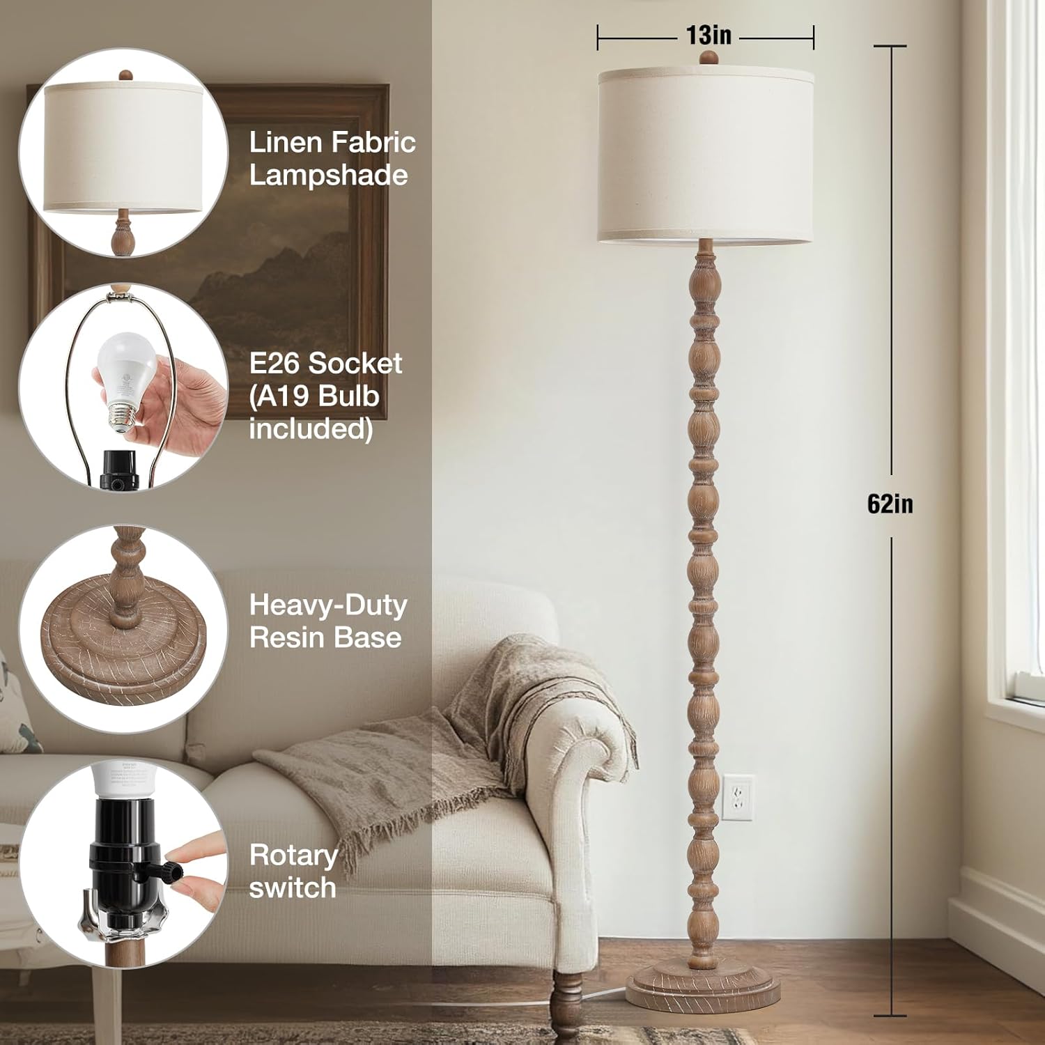 Luvkczc 62" Farmhouse Floor Lamp for Living Room & Bedroom - Adjustable Color Temperature Standing Lamp, Vintage Rustic Tall Floor Lamps with Rotary Switch, Resin Corner Lamps for Office (Dark Brown)