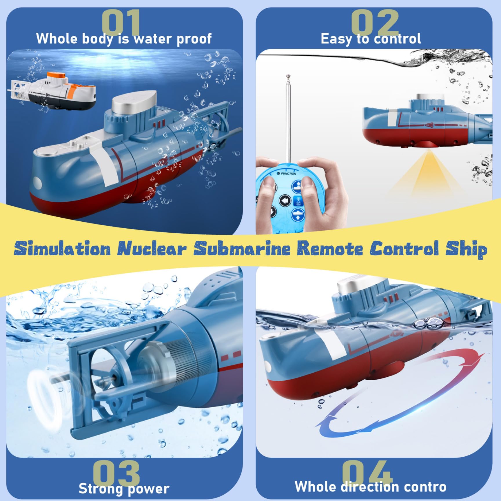 Sottomarino telecomandato Simulazione impermeabile Sottomarino Giocattolo RC multidirezionale USB ricaricabile per piscine Serbatoio d'acqua Giocattolo blu Telecomando