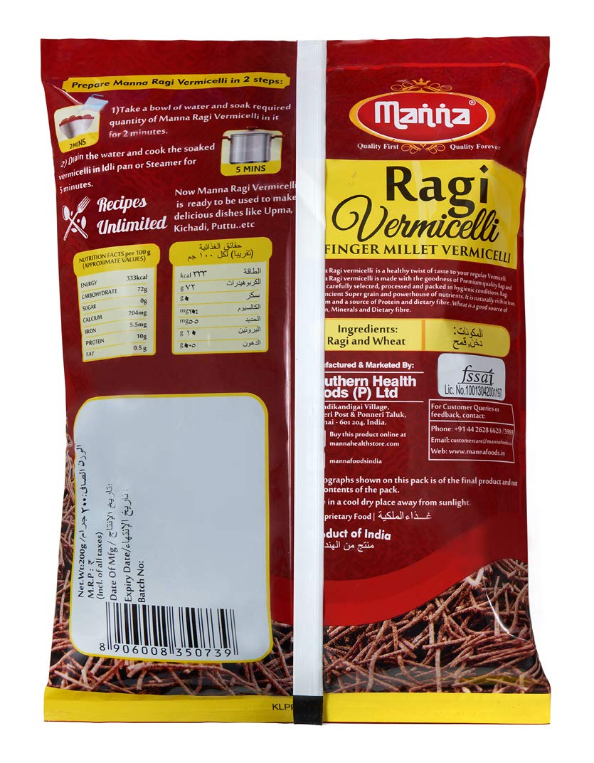 Manna Ragi (Finger Millet) Vermicelli Noodles (Semia) 2kg (200g x 10 Packs)