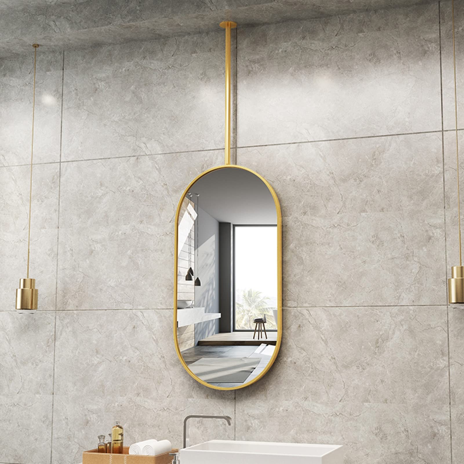 Owalne lustro wiszące z metalowym wysięgnikiem na suficie, nowoczesne dekoracyjne lustro ścienne do salonu wejście do łazienki, konfigurowalne złoto (rozmiar: 50 cm x 70 cm)