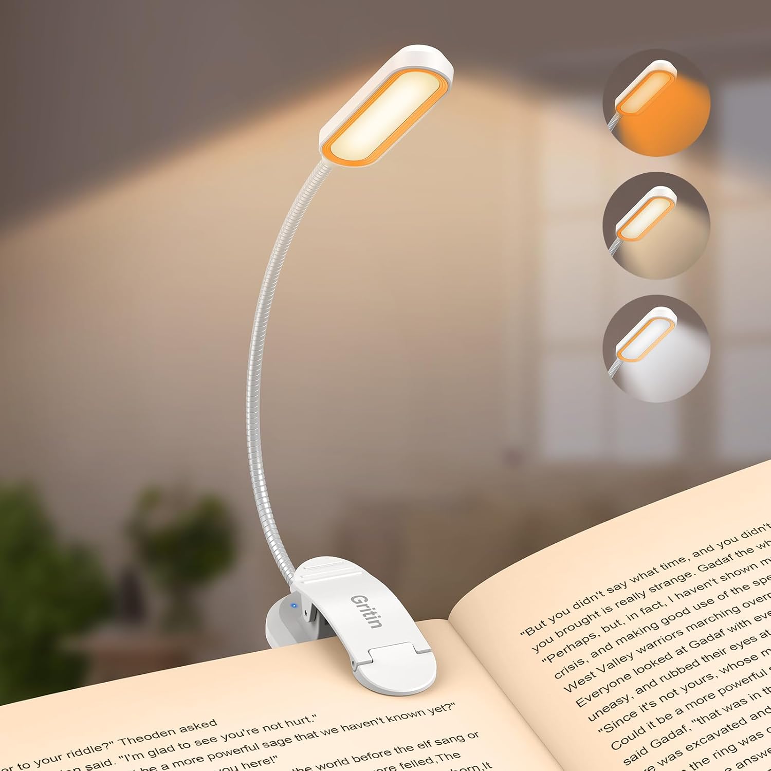 Gritin Book Light Rechargeable, 11 LED Reading Light Clip on Book, 3