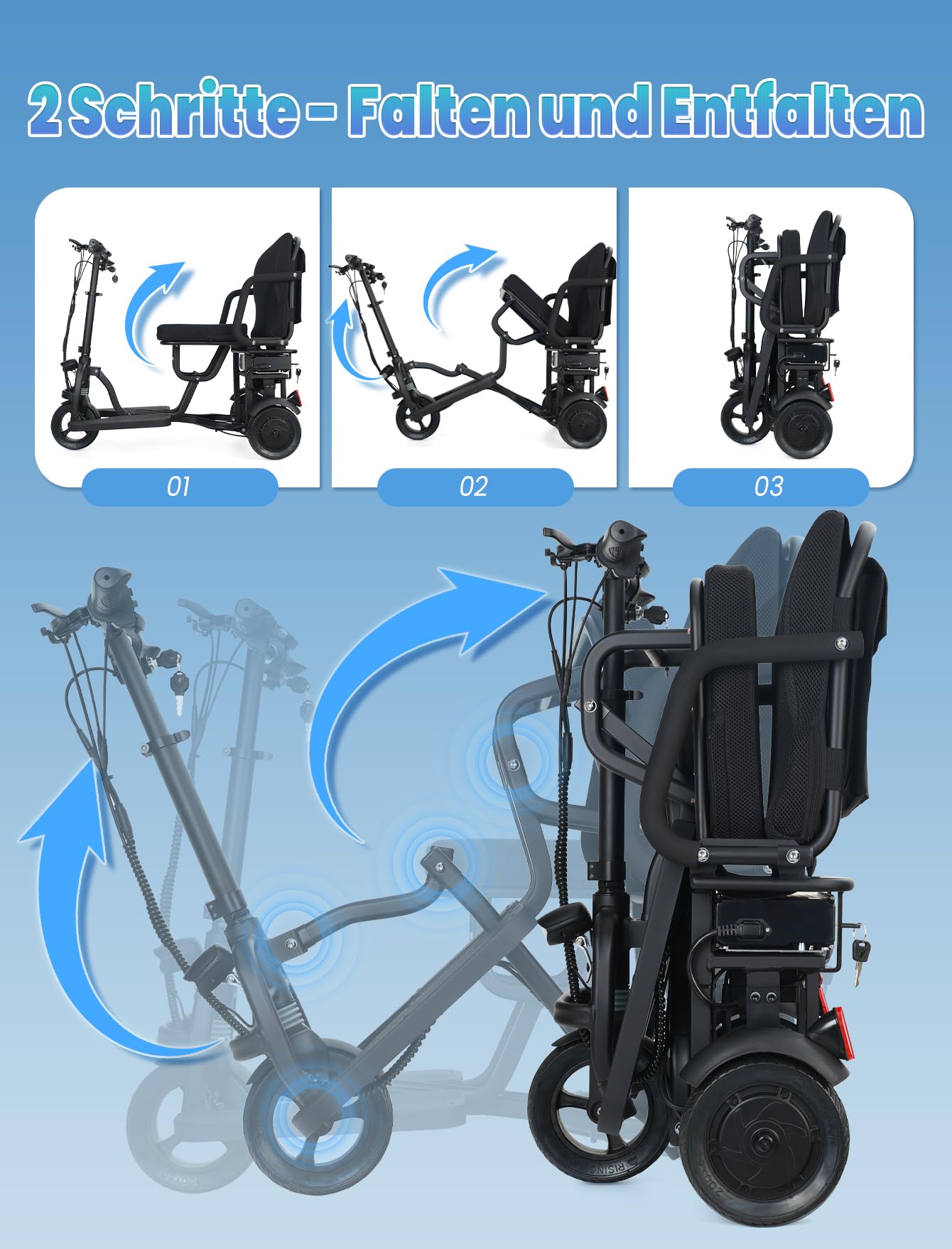Patinetes de movilidad plegables de largo alcance de 20 km para adultos y personas mayores, peso 21.7 kg, patinetes de movilidad de 3 ruedas, scooters motorizados ligeros (C36V)