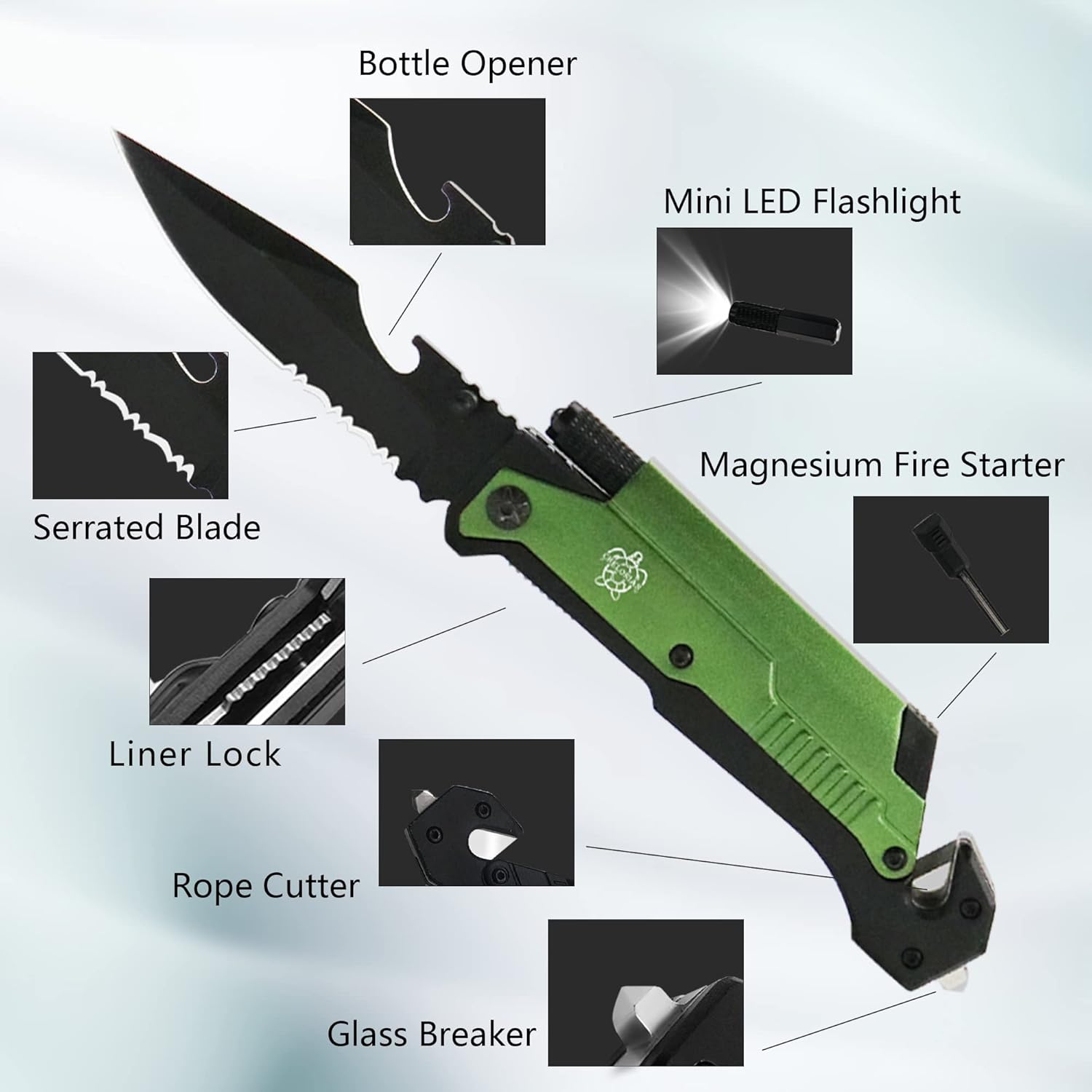 Valentine‘s & Birthday Gift for Men- Green All-in-One Survival Pocket Folding Knife with Fire Starter & Flashlight for Him, Husband, Boyfriend, Father - Multi-Tool for Camping & Emergency