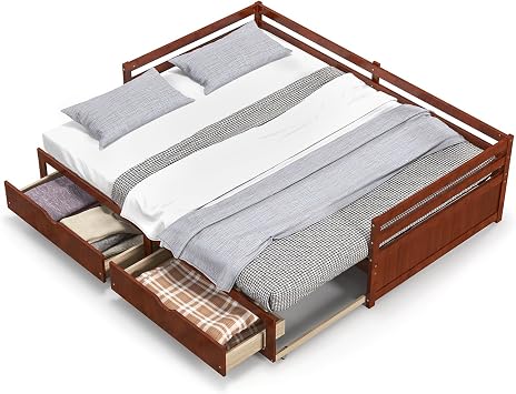 KOMFOTT Wood Daybed with Trundle, Extendable Twin to King Daybed Frame with 2 Storage Drawers, Space Saving Dual-use Sofa Daybed for Bedroom, Guest Room, No Box Spring Required Walnut