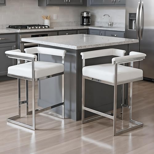 LukeAlon Juego de 2 taburetes de cuero sintético, tapizados de 26 pulgadas de altura de asiento, modernos taburetes de bar bajos con base cromada,