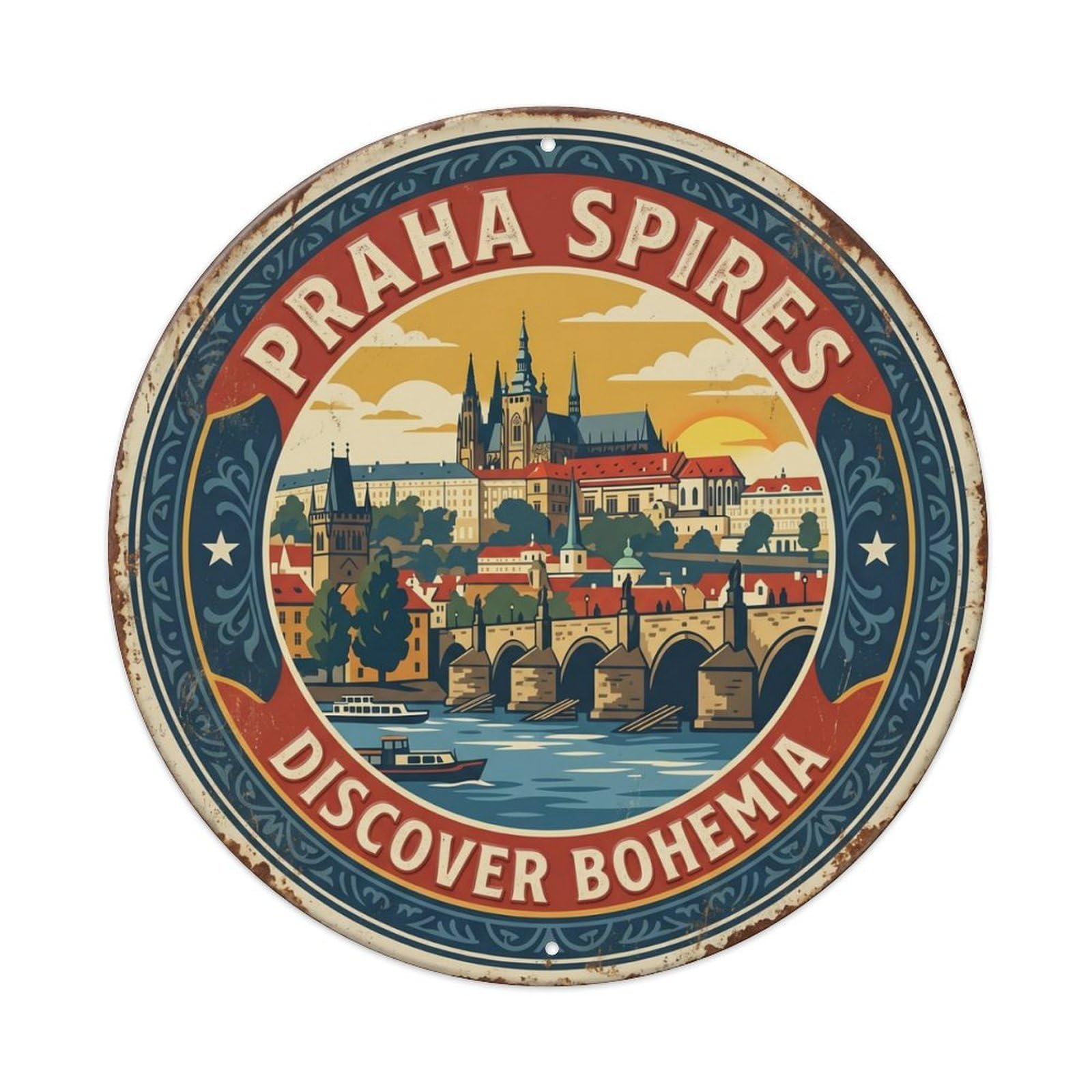 Prague Spires Discover Bohemia Landmark Metal Tin Sign Plaque Wall Decor for Cafe, Club Bar, Office, Home Garden Round Metal Poster 8x8Inch