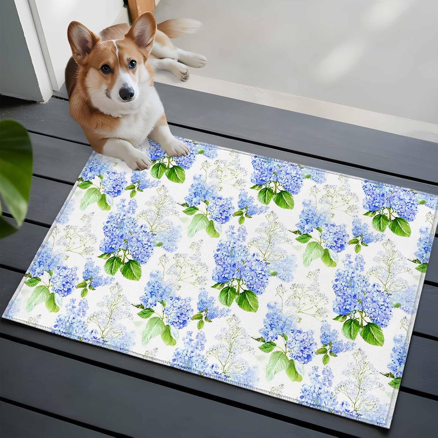 Rectangle Area Rugs 2 x 3 Ft, Summer Hydrangeas Non-Slip Residential Carpet, White Blue Flowers Pastoral Leaves Indoor Crawling Mats Runner Rugs for Living Room/Dining Room/Bedroom