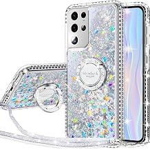 Silverback for Samsung Galaxy S21 Ultra Case, Moving Liquid Holographic Sparkle Glitter Case with Kickstand, Girls Women Bling Diamond Ring Protective Case for Galaxy S21 Ultra 5G -Clear Silver