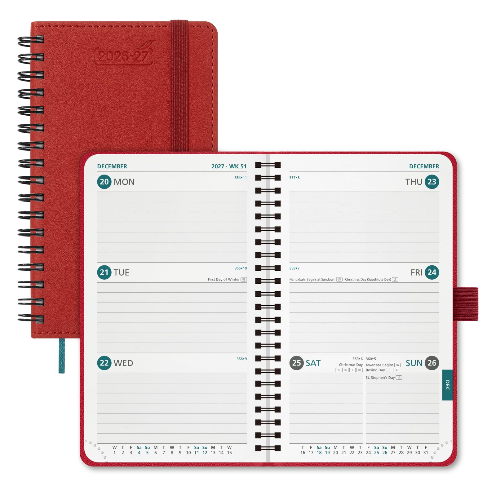 BEZEND Pocket Diary 2026-2027 Week to View (Jul 26 - Dec 27) Spiral, A6 15.5 x 9 cm. Small Academic Planner with Pen Holder & Inner Pocket, for Home School Office. PU Leather Softcover, Red — image 1