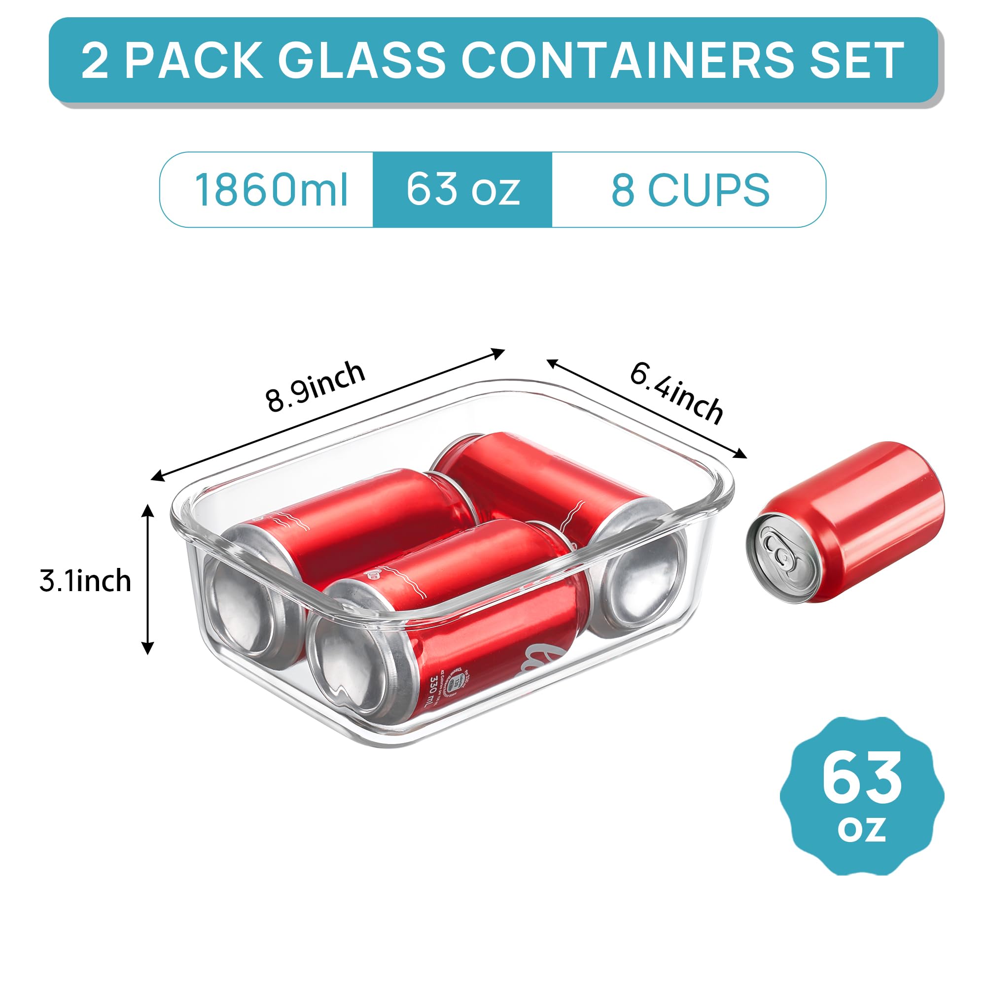 Vtopmart Lot de 2 grands récipients de conservation en verre de 1860 ml avec couvercles, anti-fuite, pour préparation des repas, pour la cuisson, le micro-ondes, le four, le congélateur, le