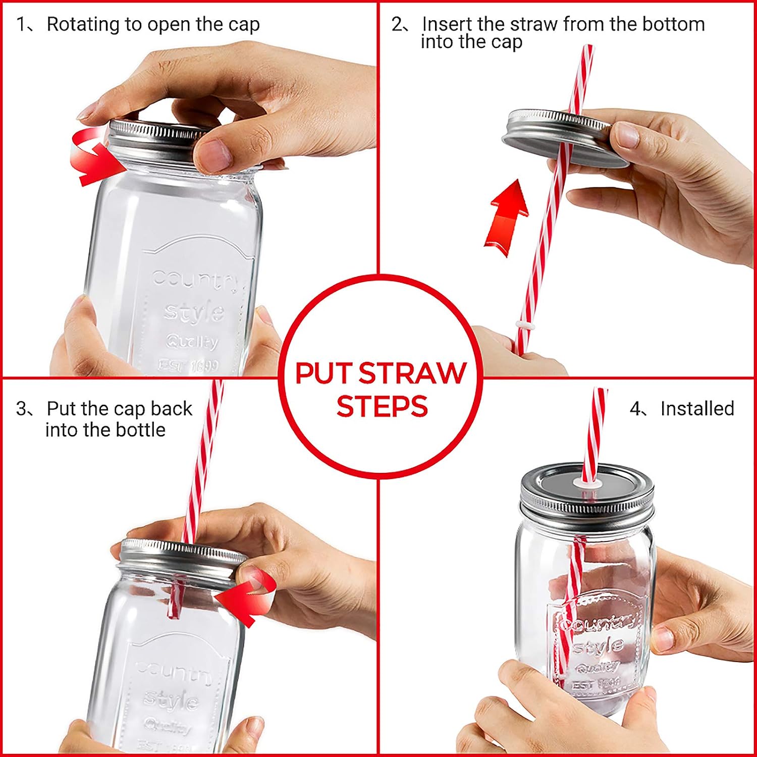 MASTERTOP Mason Jar Cups, Drinking Glass Mason Jars, Smoothie Cup with Lids 100% Recycled Bottles and Straws, Set of 6, 16oz, 3 Extra Free Sealing Lids, Holiday Crafts, Favors and Home Decor