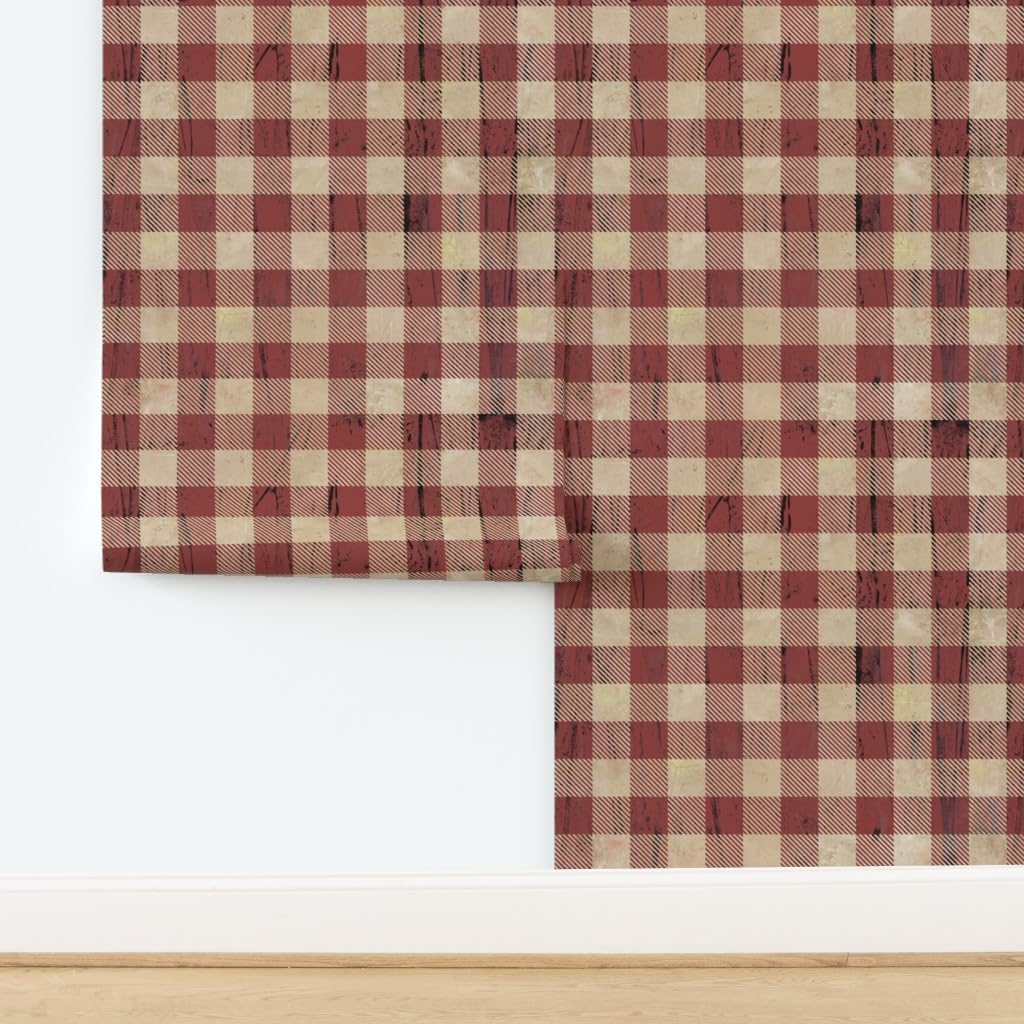 Peel & Stick Wallpaper 3ft x 2ft - Buffalo Plaid Rustic Red Earthy Brick Weathered Look Distressed Tan Mountain Lumberjack Custom Removable Wallpaper by Spoonflower