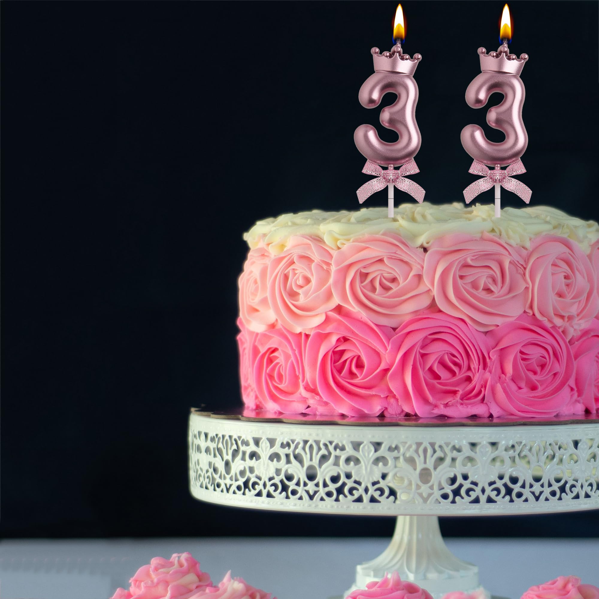 Vela de cumpleaños número 33 de oro rosa | Vela de cumpleaños número 33 sin humo con decoración de corona y lazo para decoración de tartas